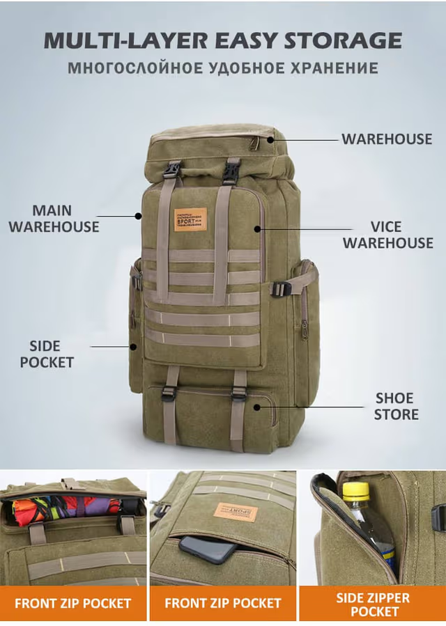 Sac à dos randonnée tactique militaire 80l imperméable